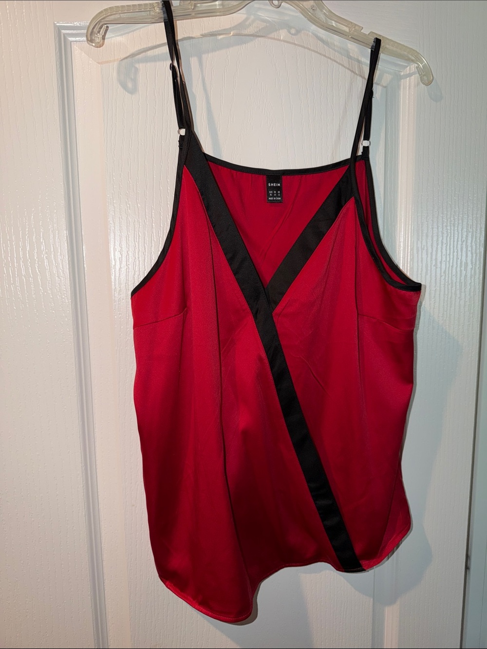 SHEIN Red Satin Tank with Black Trim
